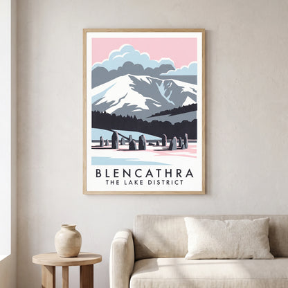 Blencathra travel poster in a natural frame, hanging in a living