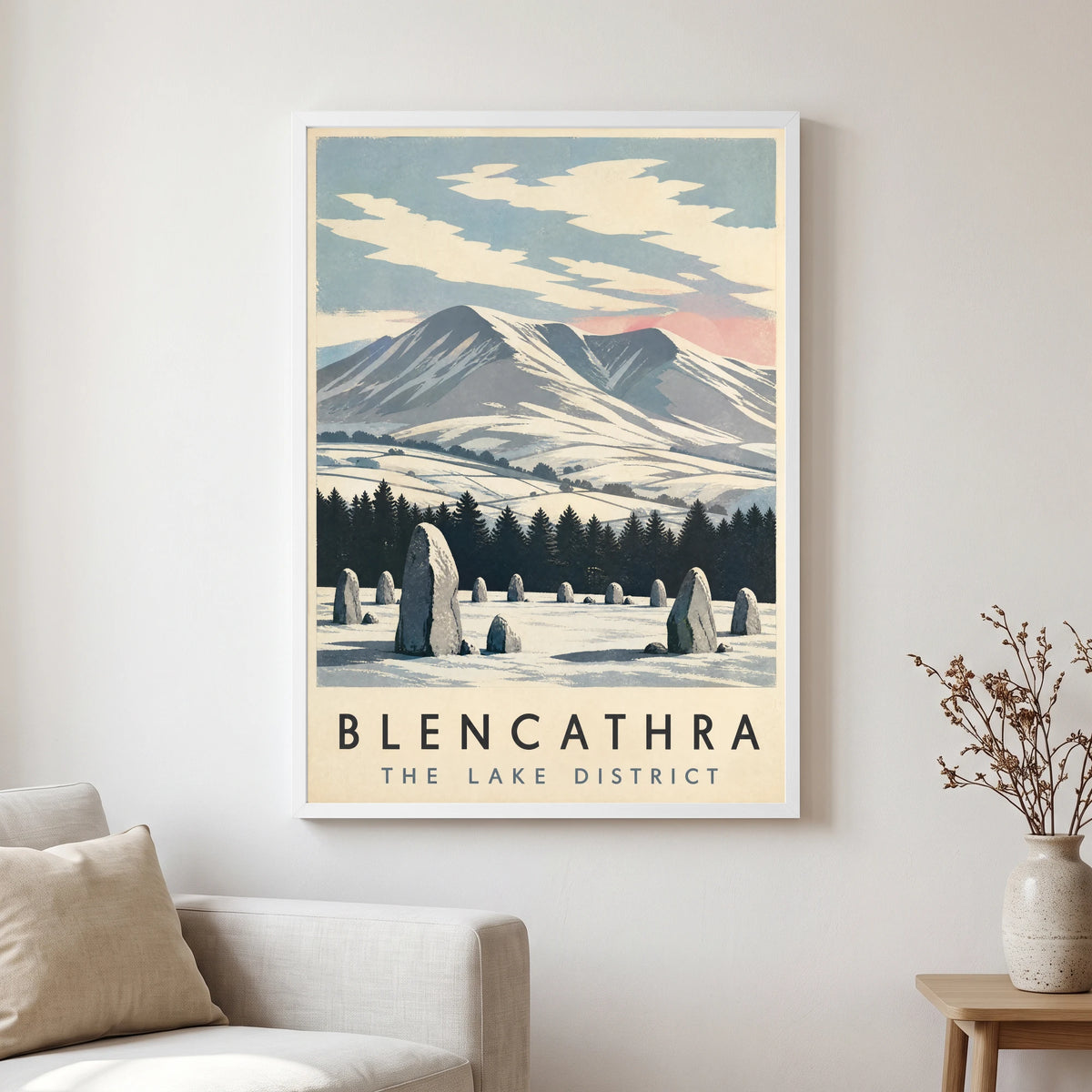 Blencathra travel poster in a white frame, hanging in a living2