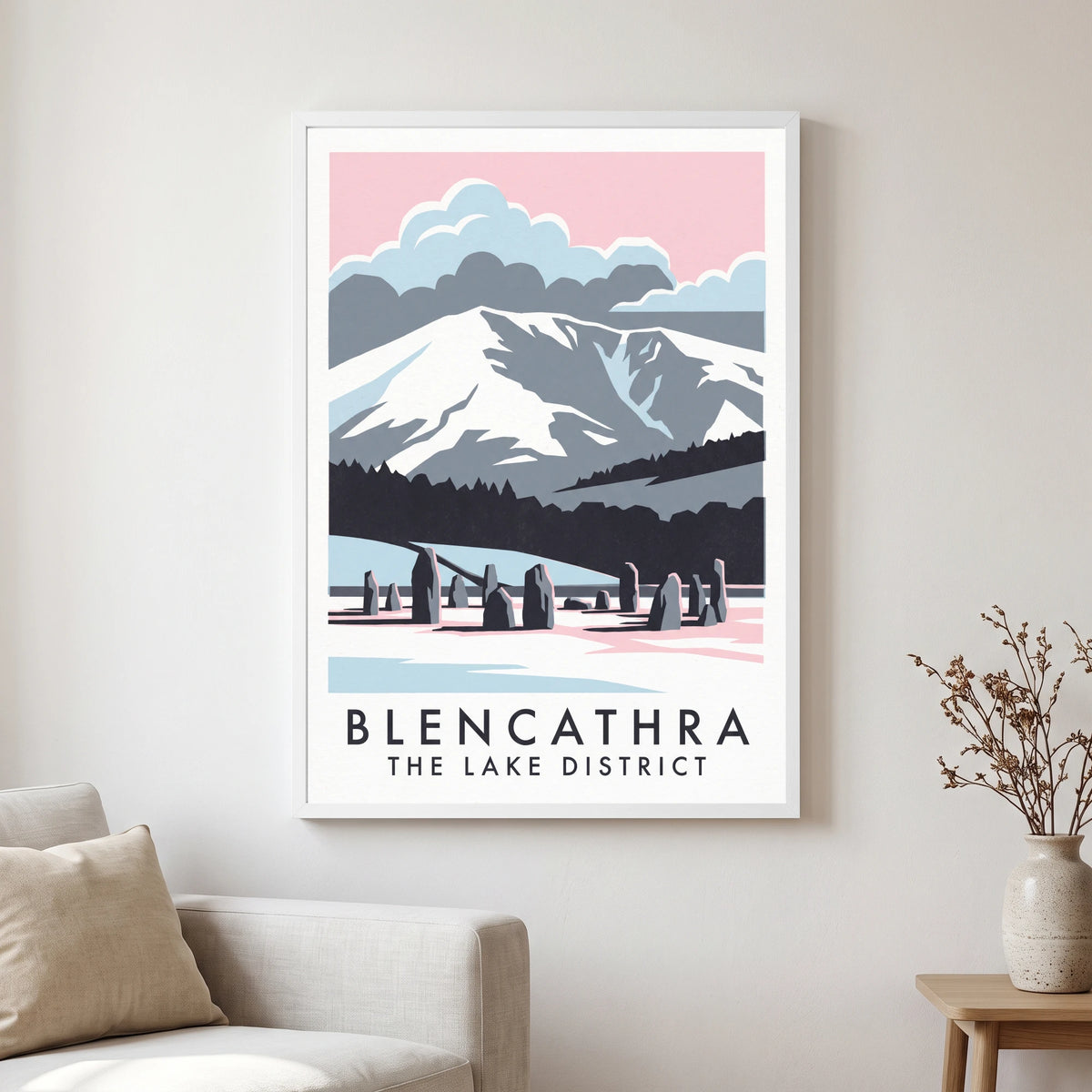 Blencathra travel poster in a white frame, hanging in a living2