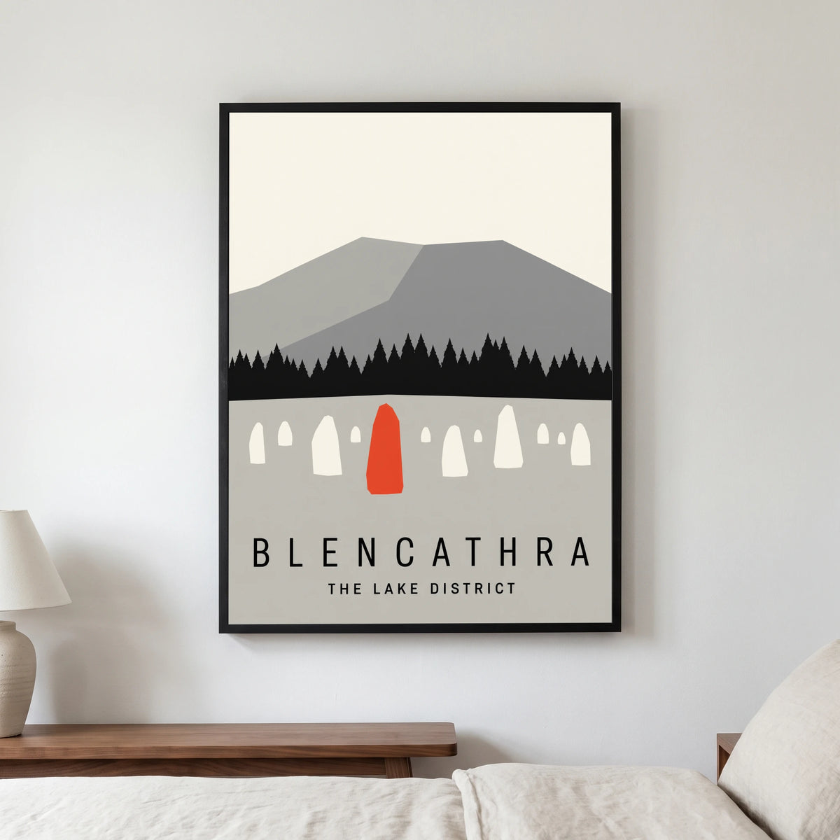 Blencathra travel poster in a black frame, hanging in a bedroom3