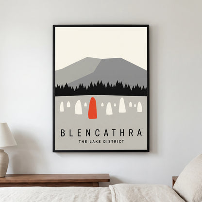 Blencathra travel poster in a black frame, hanging in a bedroom3