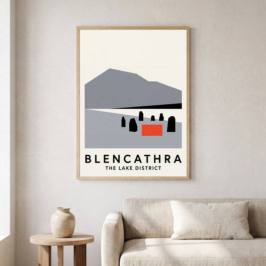 Blencathra travel poster in a natural frame, hanging in a living