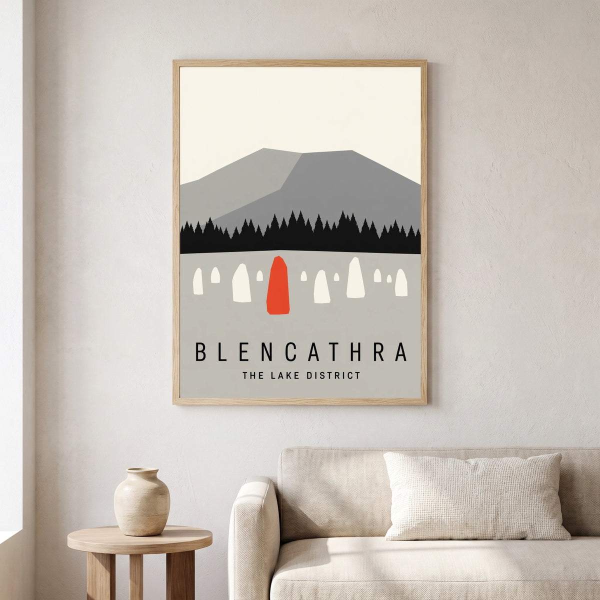 Blencathra travel poster in a natural frame, hanging in a living