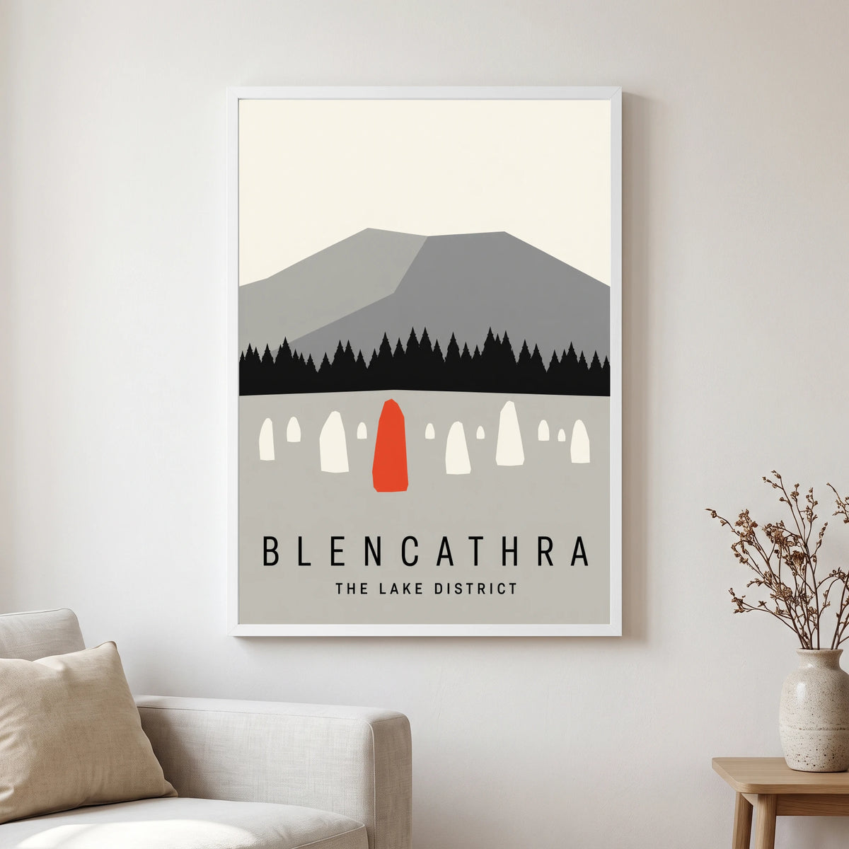 Blencathra travel poster in a white frame, hanging in a living2