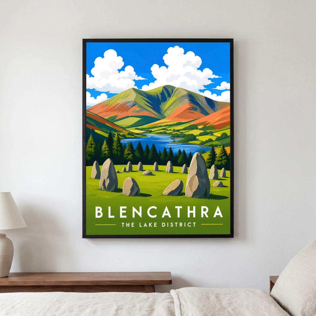Blencathra travel poster in a black frame, hanging in a bedroom3