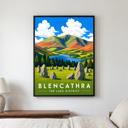 Blencathra travel poster in a black frame, hanging in a bedroom3