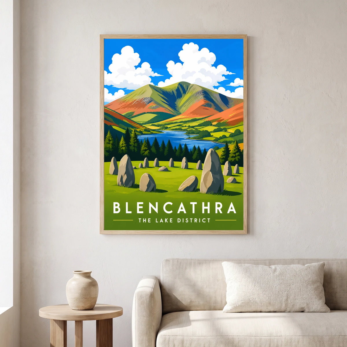 Blencathra travel poster in a natural frame, hanging in a living