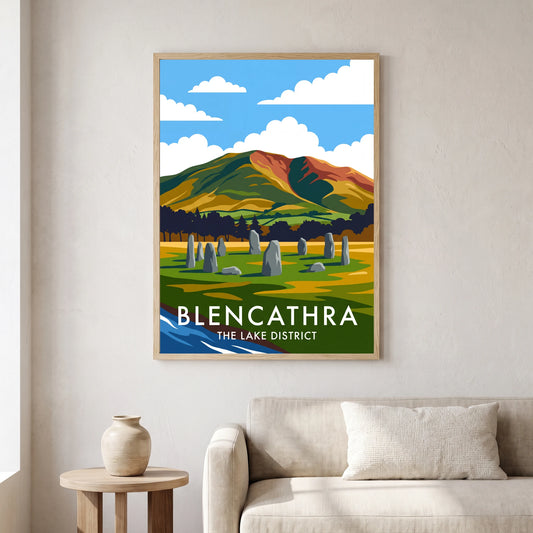 Blencathra travel poster in a natural frame, hanging in a living