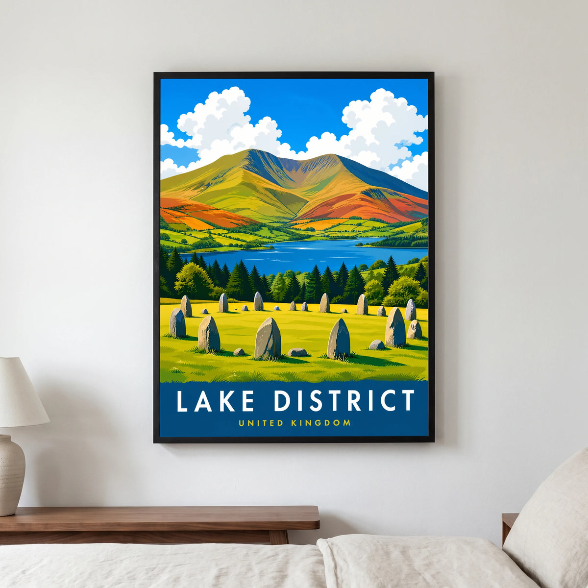 Blencathra travel poster in a black frame, hanging in a bedroom3