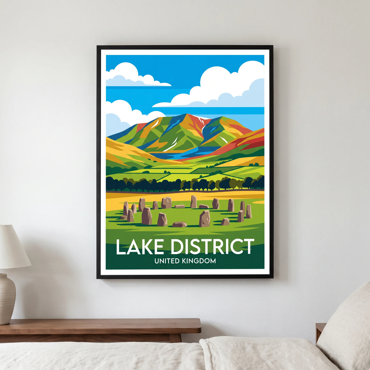 Blencathra travel poster in a black frame, hanging in a bedroom3