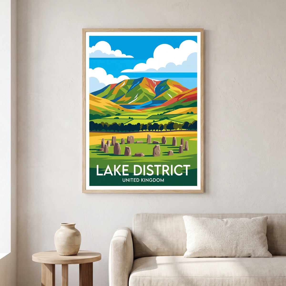 Blencathra travel poster in a natural frame, hanging in a living
