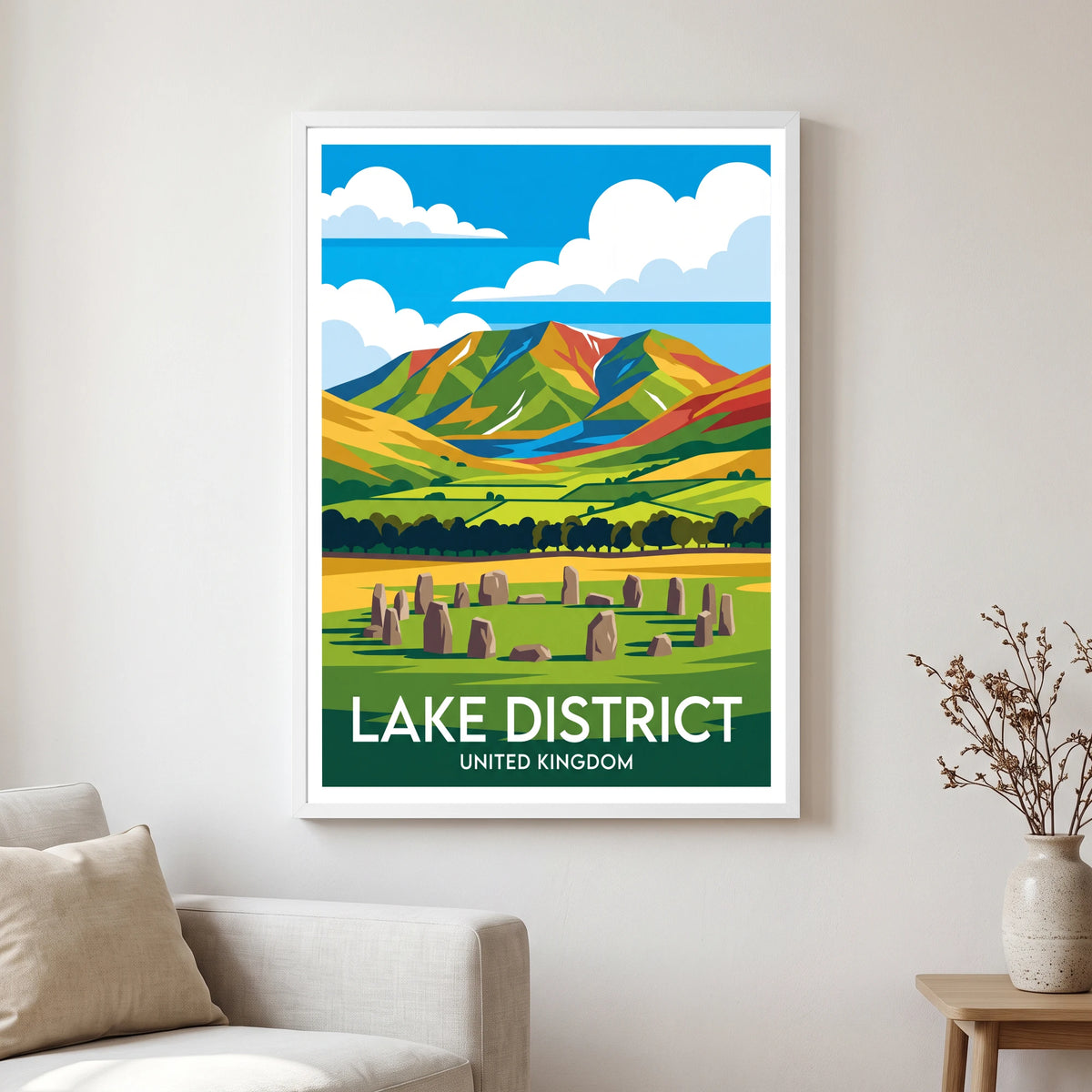 Blencathra travel poster in a white frame, hanging in a living2