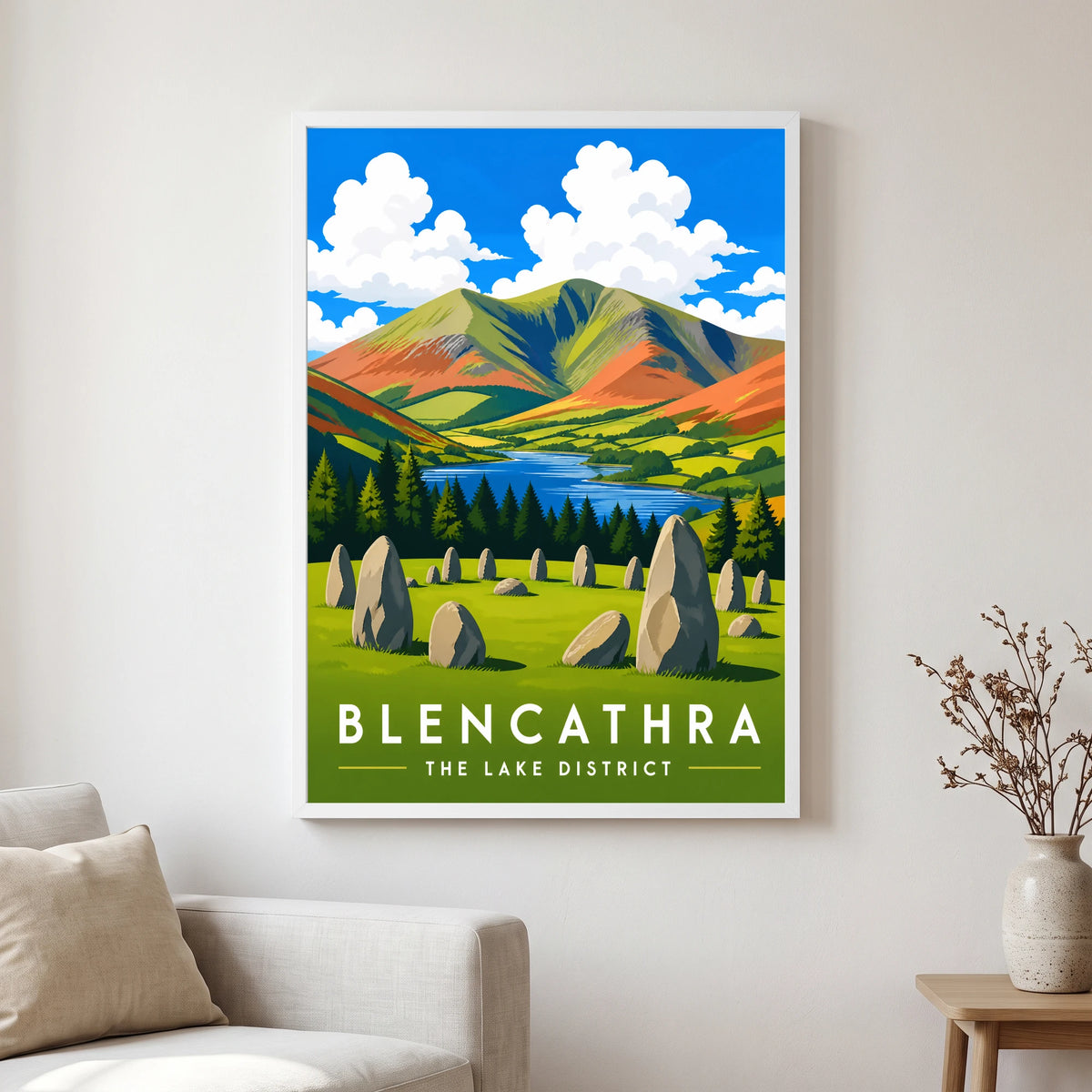 Blencathra travel poster in a white frame, hanging in a living2
