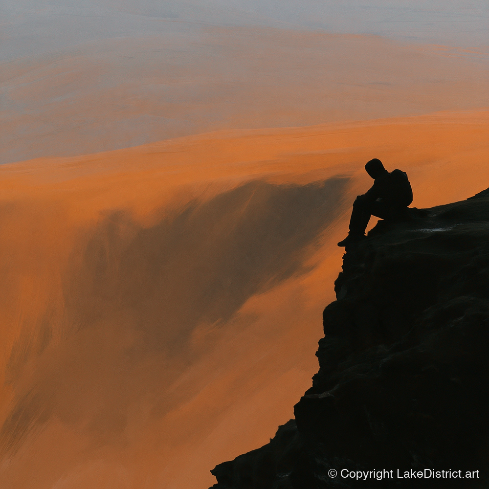 Blencathra Walker Silhouette in Amber - lake district fell art print and canvas by James Yarborough A.I