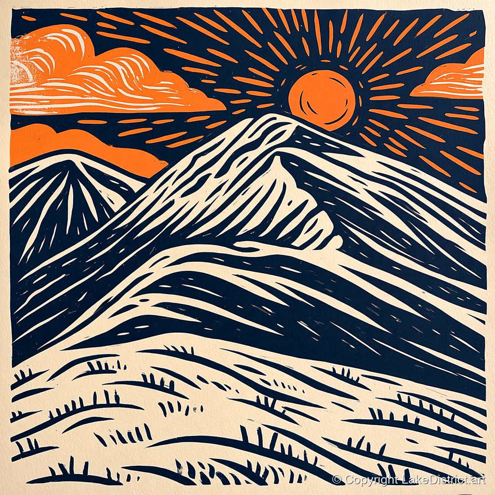 Blencathra With Terracotta Sunburst - lake district fell art print and canvas by Leon Baxter A.I