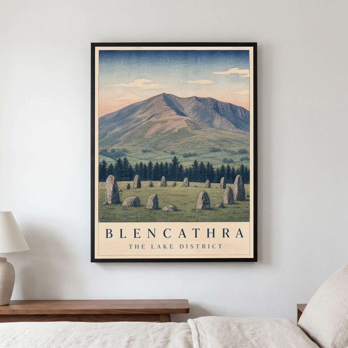 Blencathra travel poster in a black frame, hanging in a bedroom3