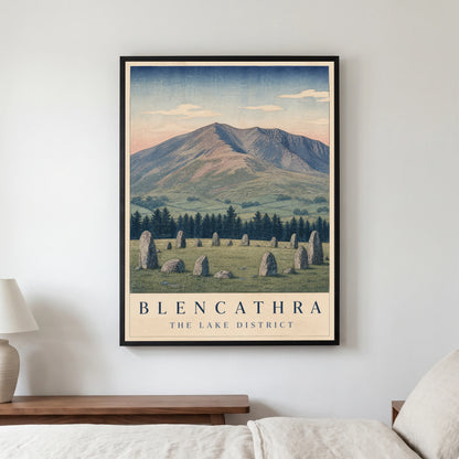 Blencathra travel poster in a black frame, hanging in a bedroom3