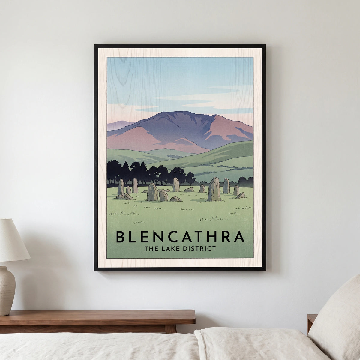Blencathra travel poster in a black frame, hanging in a bedroom3