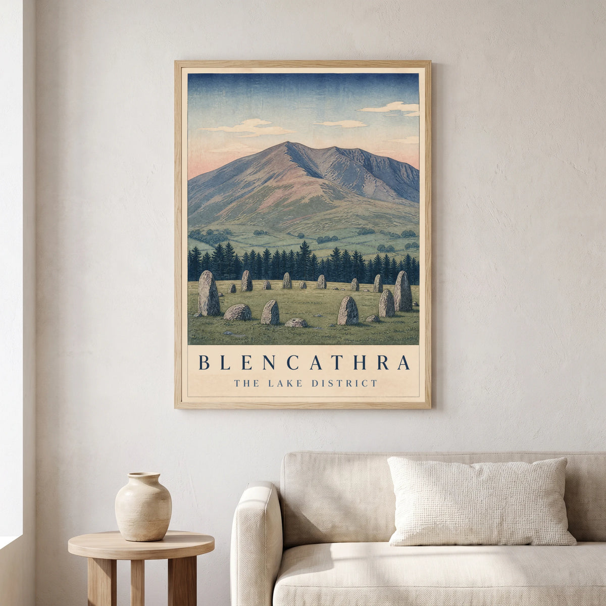 Blencathra travel poster in a natural frame, hanging in a living