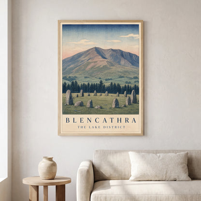 Blencathra travel poster in a natural frame, hanging in a living
