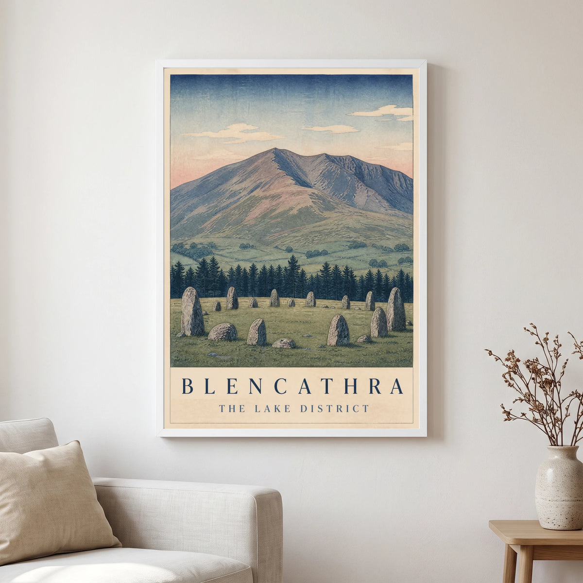 Blencathra travel poster in a white frame, hanging in a living2