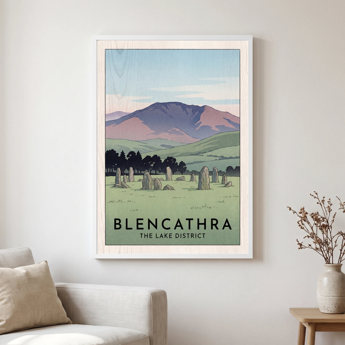 Blencathra travel poster in a white frame, hanging in a living2