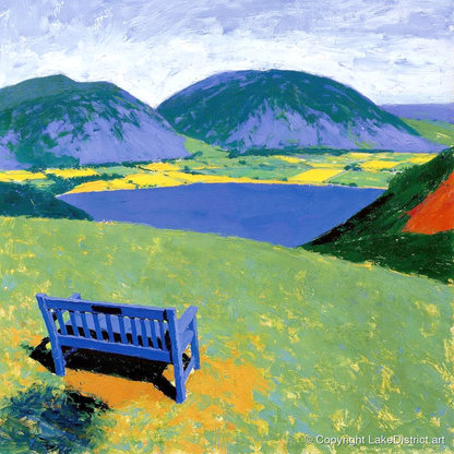 Blue Bench Above Loweswater - lake district lake art print and canvas by Hugo Beckett A.I