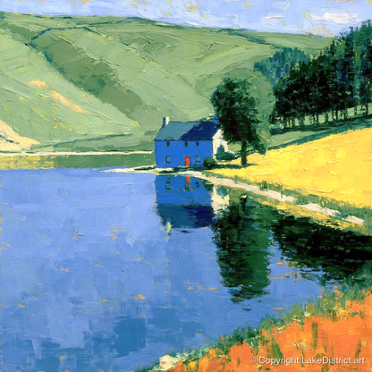 Blue Cottage on Calm Lake - lake district lake art print and canvas by Hugo Beckett A.I