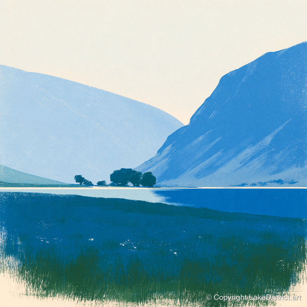 Blue Fells and Still Lake - lake district lake art print and canvas by Jasper Flint A.I