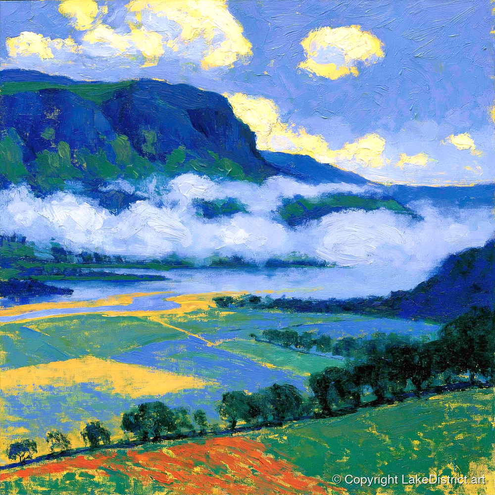 Blue Fells And Valley Mist - lake district sky art print and canvas by Hugo Beckett A.I