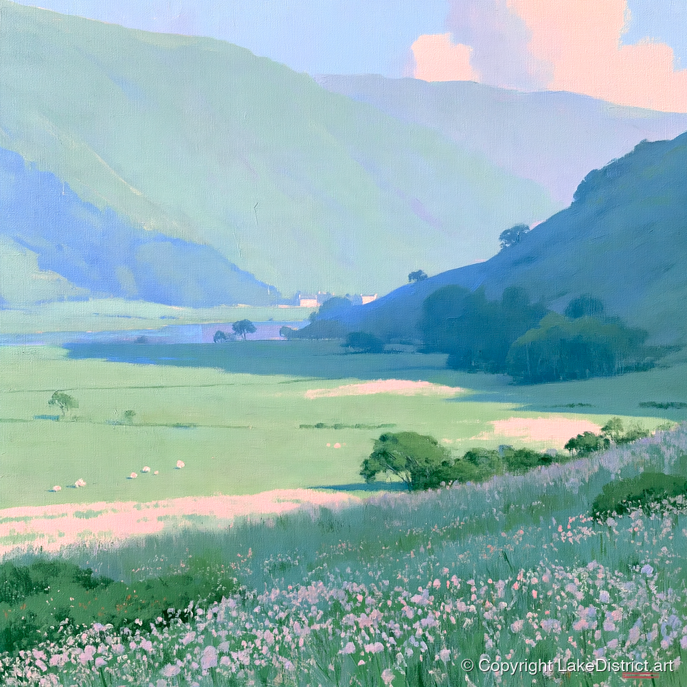 Blue Fells and Wildflower Meadow - lake district valley art print and canvas by Oliver Trent A.I