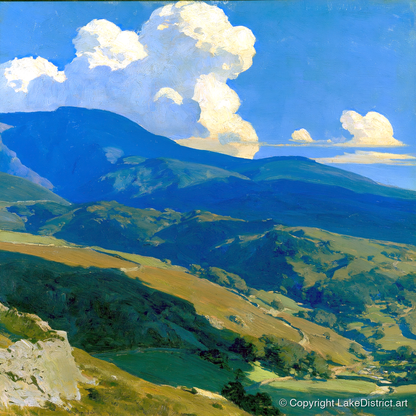 Blue Fells Under Towering Clouds - lake district fell art print and canvas by Percival Kent A.I