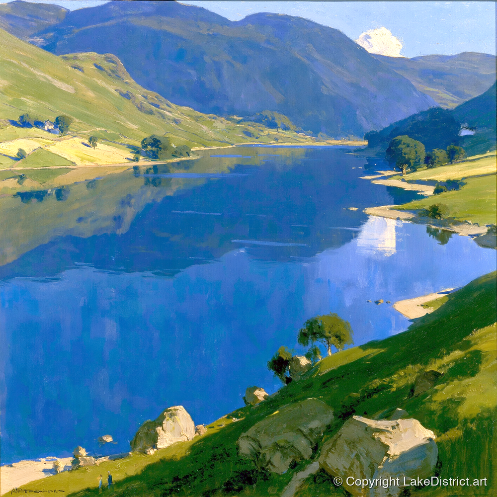 Blue Lake and Sunlit Fells - lake district lake art print and canvas by Percival Kent A.I