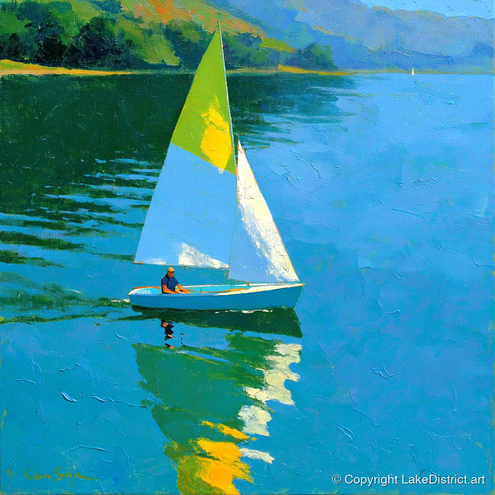 Blue Lake Sailing in Summer Light - lake district walking art print and canvas by Daphne Morley A.I