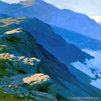 Blue Shadows on Misty Ridge - lake district fell art print and canvas by Percival Kent A.I