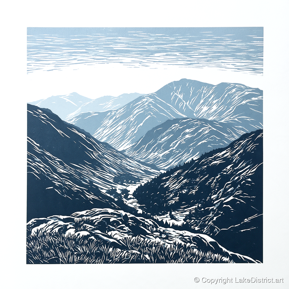 Blue Valley From The Summit - lake district fell art print and canvas by Alfred Morland A.I