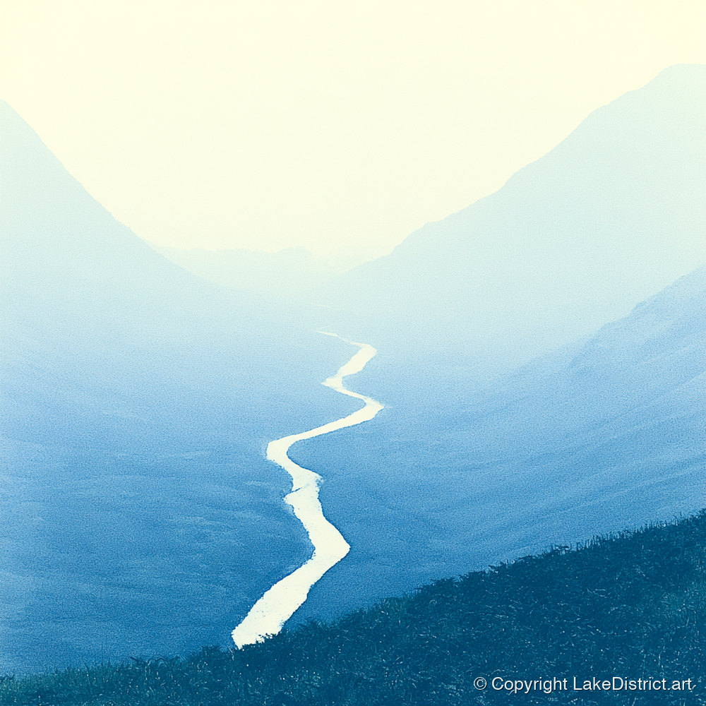 Blue Valley Winding River - lake district waterfall art print and canvas by Jasper Flint A.I