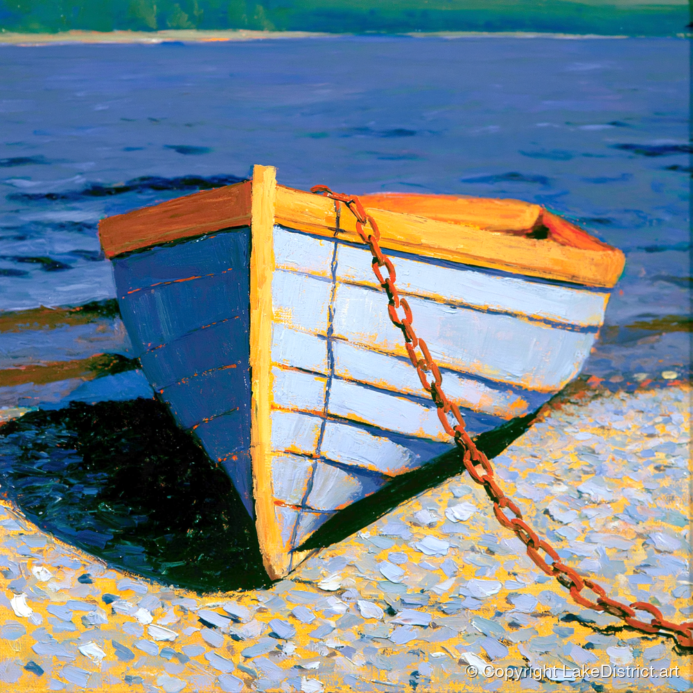 Blue Wooden Boat on Windermere - lake district lake art print and canvas by Hugo Beckett A.I