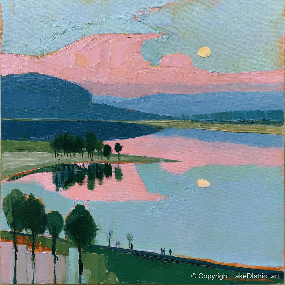 Blush Pink Lake at Dawn - lake district lake art print and canvas by Diana Sutherland A.I