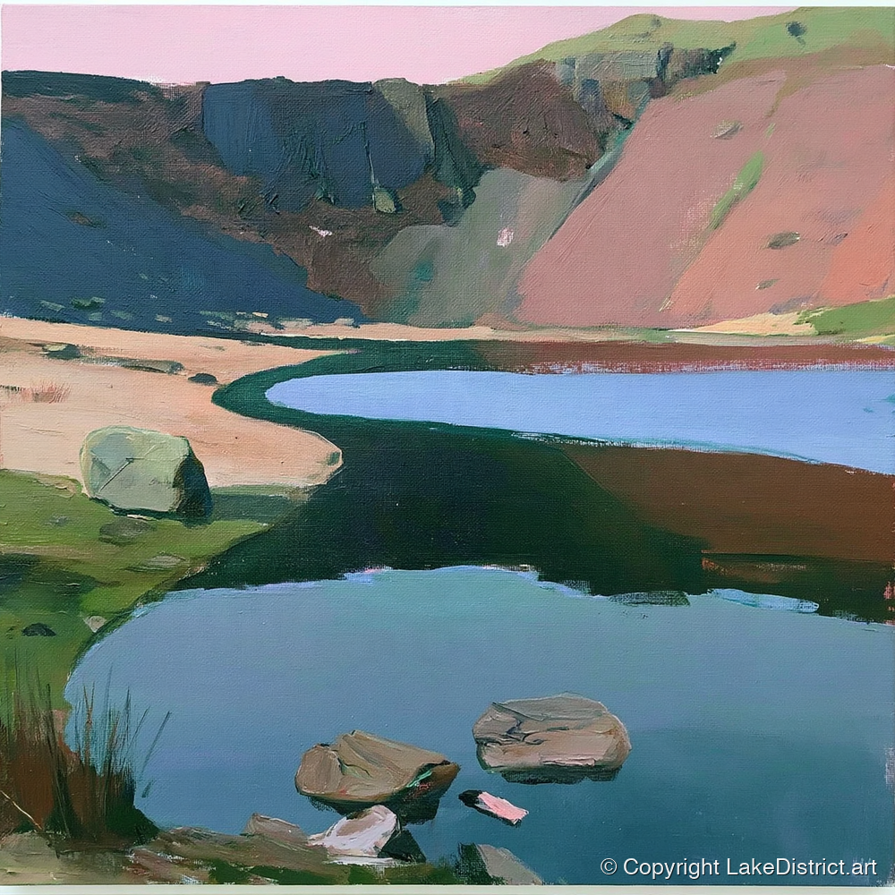 Blush Sky Over Easedale Tarn - lake district lake art print and canvas by Diana Sutherland A.I