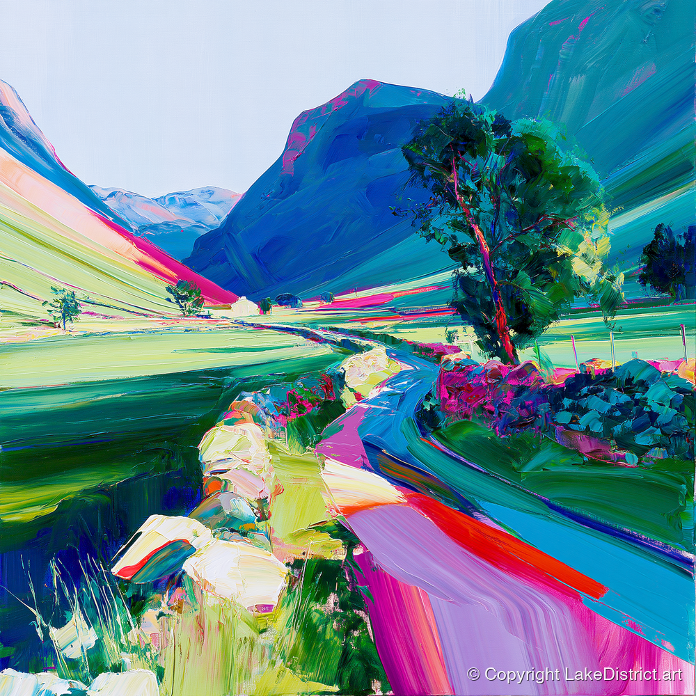 Bold Drystone Wall Valley Pass - lake district valley art print and canvas by Julian Mercer A.I