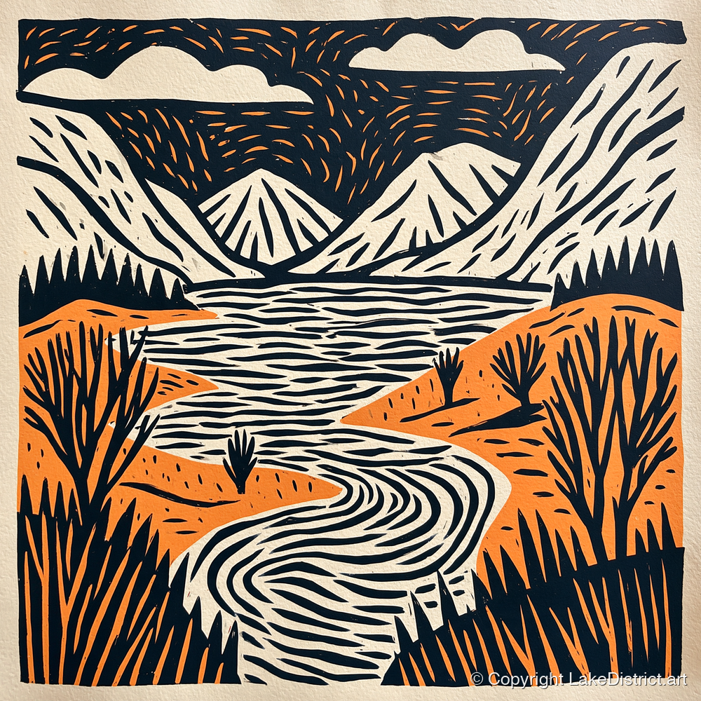 Bold Fells and Winding River - lake district lake art print and canvas by Leon Baxter A.I