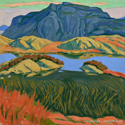 Bold Haystacks Over Dark Tarn - lake district fell art print and canvas by Mirabel Carlyle A.I