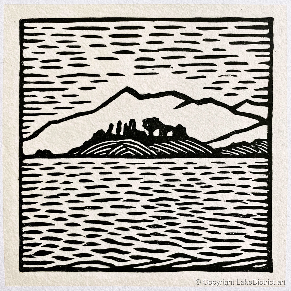 Bold Monochrome Derwentwater Island - lake district lake art print and canvas by Isaac Denton A.I