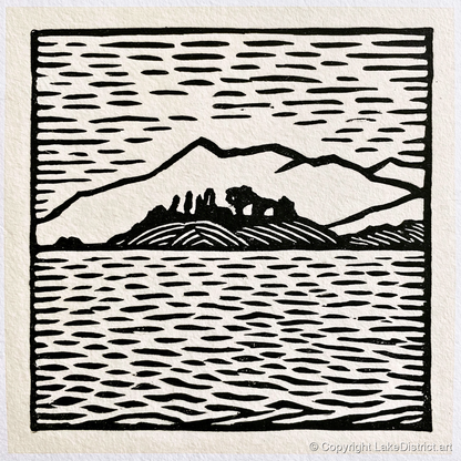 Bold Monochrome Derwentwater Island - lake district lake art print and canvas by Isaac Denton A.I