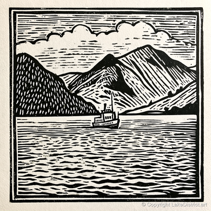Bold Monochrome Ullswater Steamer - lake district lake art print and canvas by Isaac Denton A.I