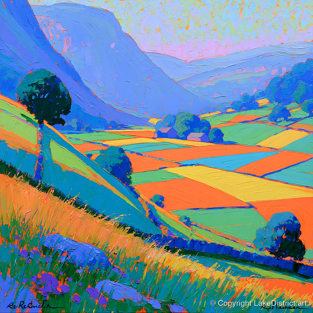 Bold Patchwork Fields and Fells - lake district valley art print and canvas by Jonathan Crawford A.I