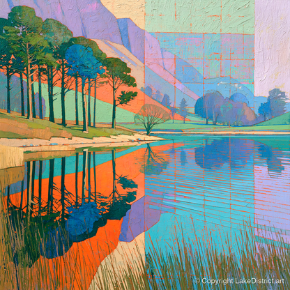 Bold Pine Tree Reflections - lake district lake art print and canvas by Victor Penrose A.I