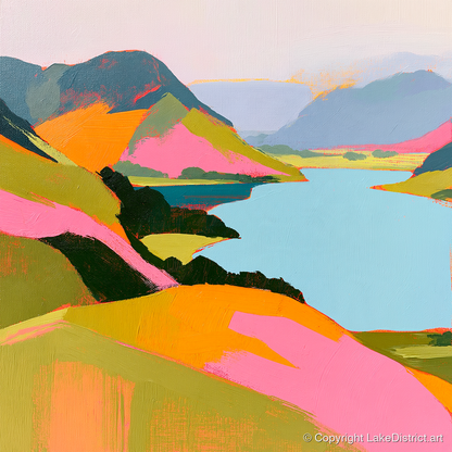 Bold Pink Fells and Lake - lake district lake art print and canvas by Genevieve Moore A.I