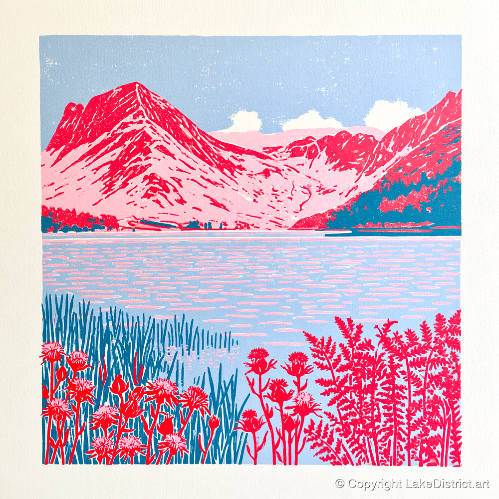 Bold Pink Fells of Buttermere - lake district lake art print and canvas by Christopher Seaton A.I